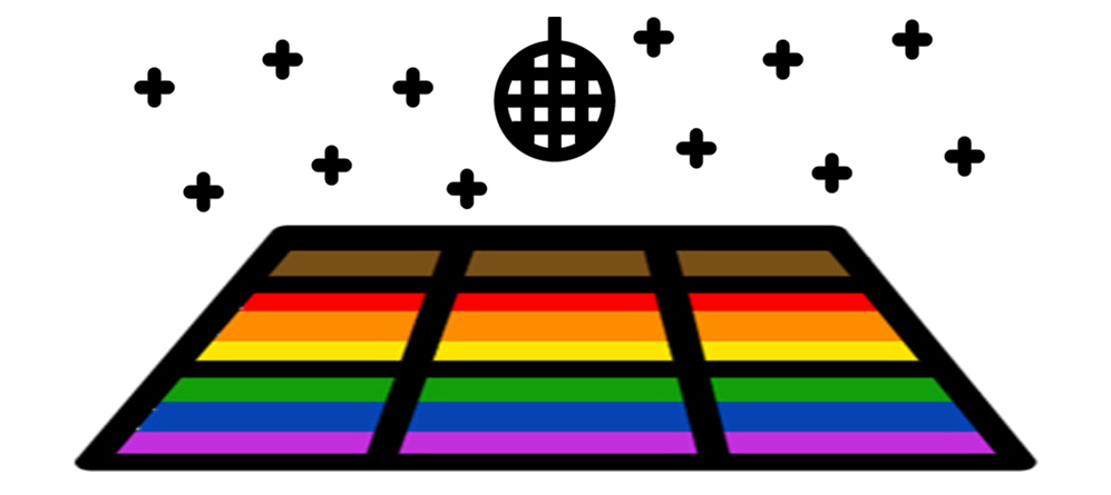 Disco dance floor shaded in the colors of the Pride flag (black, brown, red, orange, yellow, green, blue and purple) with a disco ball over the top and stars