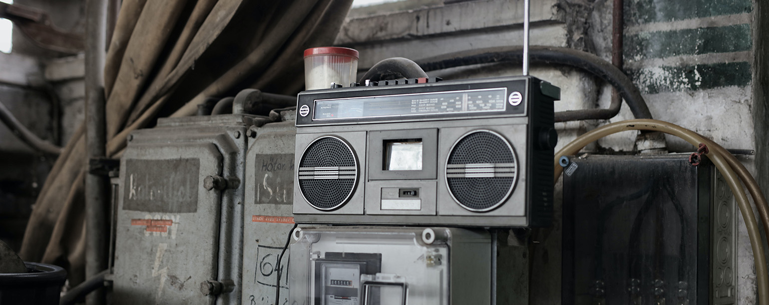 Retro radio tape recorder in workshop