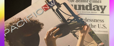 Image of the cover of PNW Magazine about C89.5 with a picture of a student standing in front of a microphone and a mixing board.