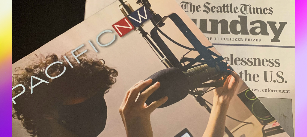 Image of the cover of PNW Magazine about c89.5 with a picture of a student standing in front of a microphone and a mixing board.