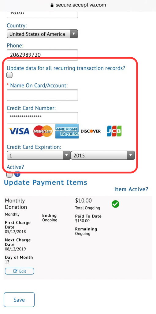 Update credit card number, expiration date, etc.
