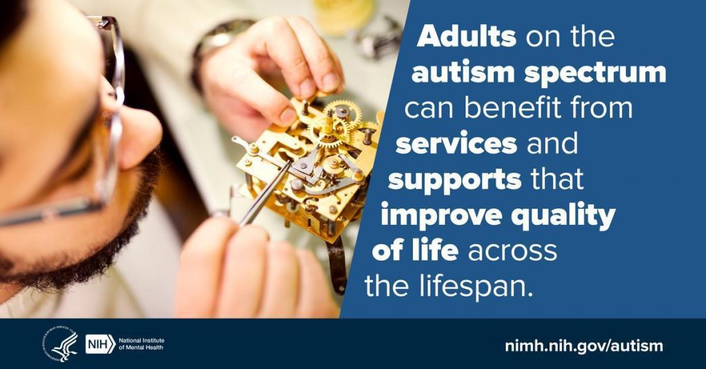 A photo of a man working on the inside of a clock beside the words "Adults on the autism spectrum can benefit from services and supports that improve quality of life across the lifespan"