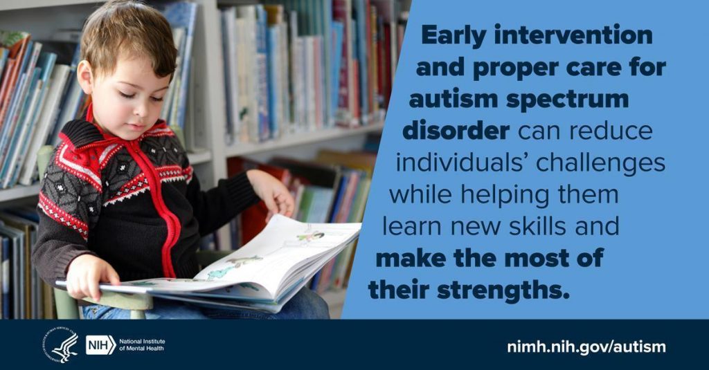 A child sitting with a book with the word "Early intervention and proper care for autism spectrum disorder can reducer individuals' challenges while helping them learn new skills and make the most of their strengths."