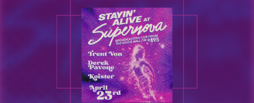 A purple space background featuring a woman with the words "Stayin Alive at Supernova broadcasting live from the Disco Ball on C895, Trent Von, Derek Pavone, Koiser. April 23rd, 9pm-4am 110s Horton Street Seattle, WA"