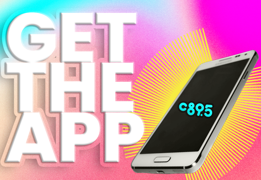 The words "GET THE APP" over a rainbow background beside a photo of a cellphone with the C895 logo