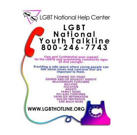 LGBT National Help Center, LGBT National Youth Talkline 800-246-7743. Click for more the website.