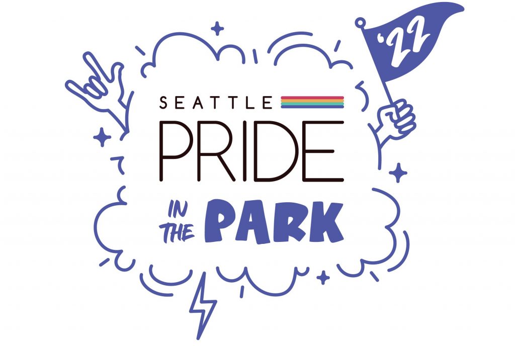 "Seattle Pride" Logo above "Pride In The Park" in a cloud with hands holding a flag with '22 written on it.