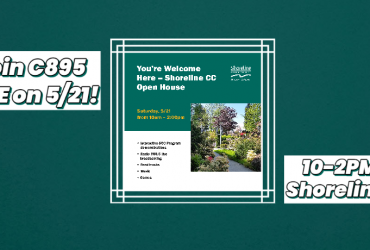 The words "Join C895 Live on 5/21" against a green background with the Shoreline Community College logo with the words "10-2pm at Shoreline CC"