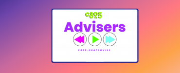 The C895 logo over the words "Advisers" with a rewind, play and fast forward button with the link C895.org/Advise