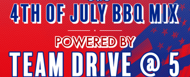 The words "4th of July BBQ m powered by Team Drive@5" on a red background with the silhouette of an American flag on the right side