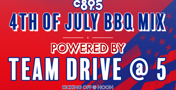 The words "4th of July BBQ m powered by Team Drive@5" on a red background with the silhouette of an American flag on the right side