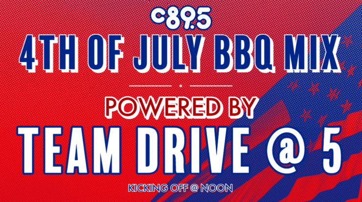 The words "4th of July BBQ m powered by Team Drive@5" on a red background with the silhouette of an American flag on the right side