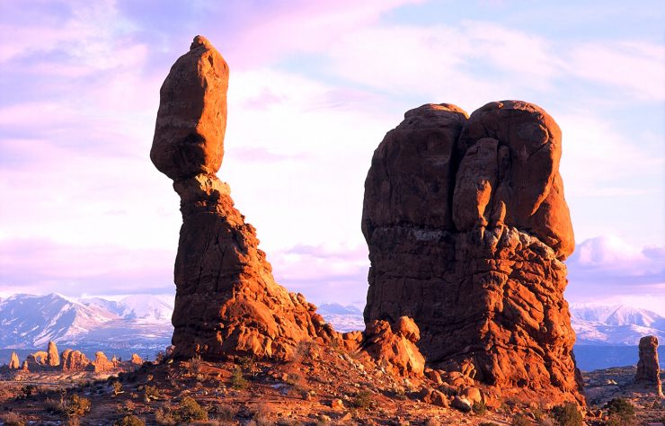 Rocky landscape with a large balanced rock called "Balanced Rock".