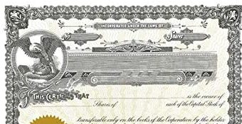 Vintage stock certificate with a gold seal. The text is illegible