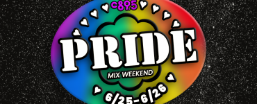 An oval logo rainbow on a starry background with the word "Pride" in the center and "Mix Weekend