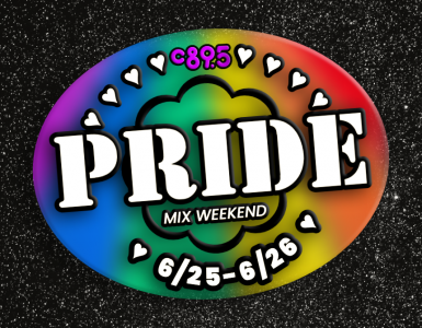 An oval logo rainbow on a starry background with the word "Pride" in the center and "Mix Weekend