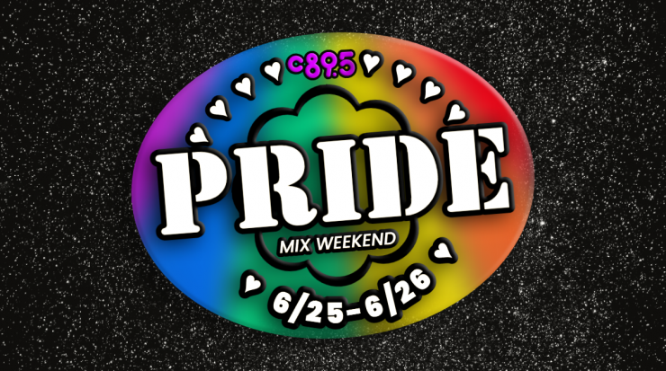 An oval logo rainbow on a starry background with the word "Pride" in the center and "Mix Weekend