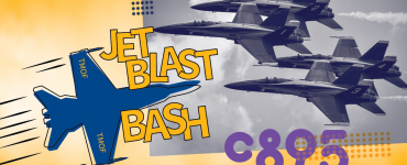 The image is a collage of fighter jet airplanes flying in formation, a silhouette of a get plane, and the words "Jet Blast Bash" and the letter "C89.5"