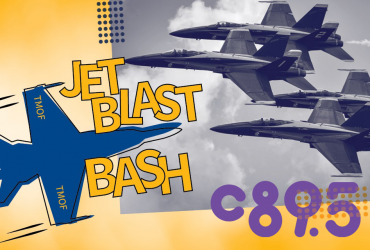 The image is a collage of fighter jet airplanes flying in formation, a silhouette of a get plane, and the words "Jet Blast Bash" and the letter "C89.5"