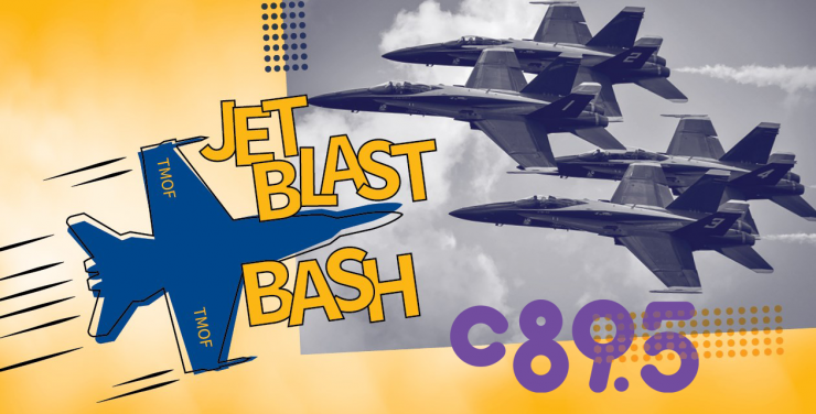 The image is a collage of fighter jet airplanes flying in formation, a silhouette of a get plane, and the words "Jet Blast Bash" and the letter "C89.5"