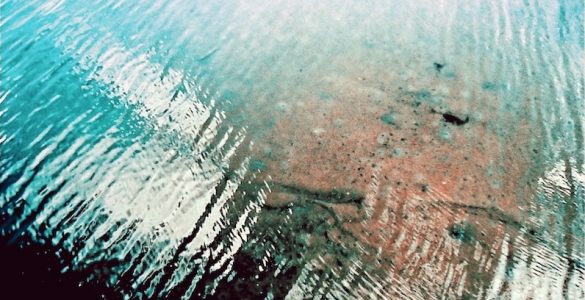 Blue water with a transparent spot showing the bottom of the water body.