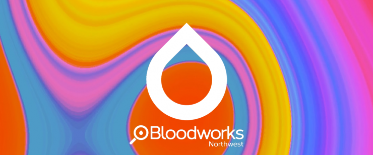 A rainbow-colored swirly background with white outline of a raindrop. Inside the raindrop is a QR code, linking, to bloodworksnw.org