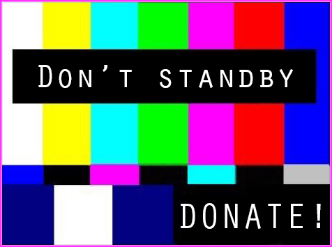 Old fashion TV test pattern with vertical stripes in different colors, with the words "Don't Standby" and "Donate!"