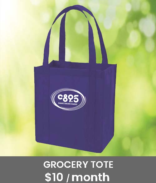 Purple grocery tote with white C89.5 logo