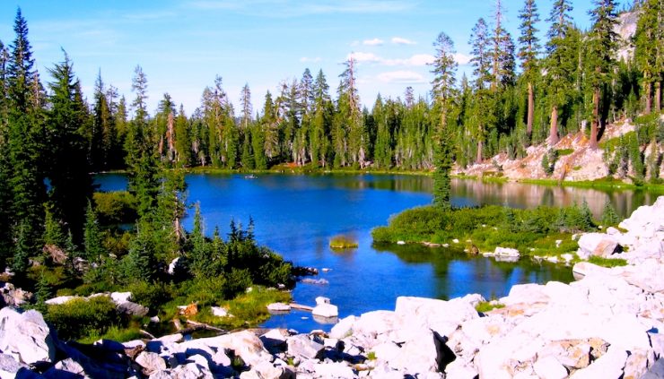 A clear blue lake surrounded by trees and rocks.
