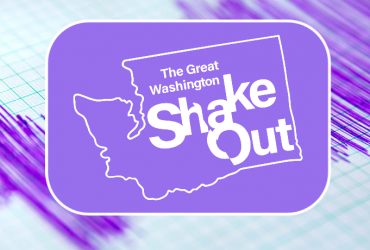 Logo of "The Great Washington ShakeOut" on a purple background with a seismic graph illustrative backdrop.