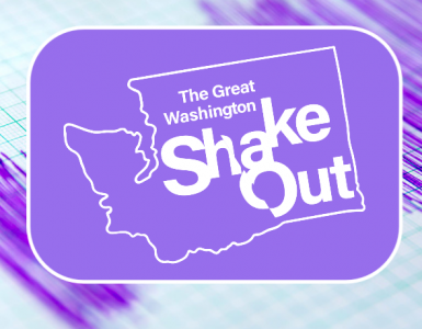 Logo of "The Great Washington ShakeOut" on a purple background with a seismic graph illustrative backdrop.