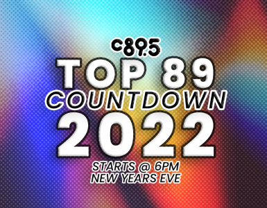 The words "C895 Top 89 Countdown 2022, starts at 6pm on New Years Eve" against a rainbow.