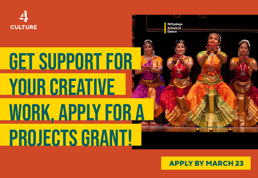 An orange tile with the 4Culture logo with a photo of the Nrltyalaya School of Dance and the words "Get Support For Your Creative Work, Apply for Projects Grant! Appy by March 23."