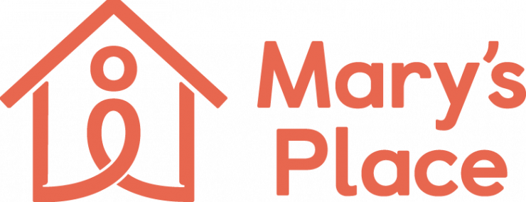 The words "Mary's Place" below a simplified icon of a figure in a house, all in orange.