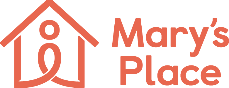 The words "Mary's Place" below a simplified icon of a figure in a house, all in orange.