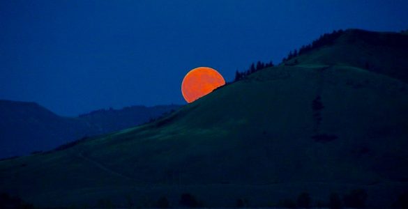 A deep orange moon rising from the mountain obscured horizon. The sky is dark blue. The mountains appear barren of vegetation, except for some evergreen trees near the peak.