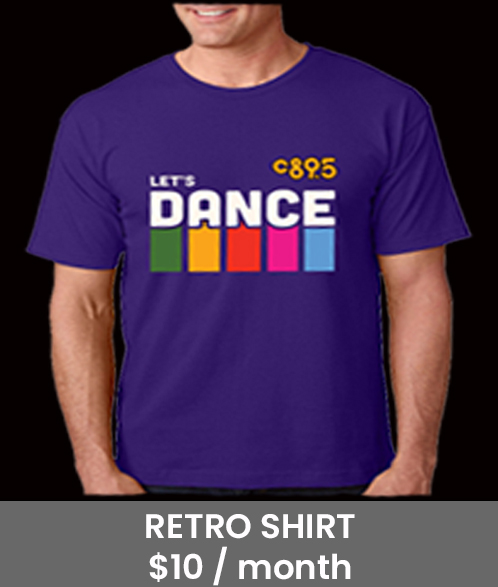 Royal-purple t-shirt with the slogan Let's Dance and 5 retro-colored vertical bars