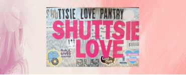 The image of a food pantry fridge covered in stickers with the words "Shuttsie Love" in pink