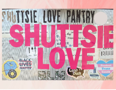 The image of a food pantry fridge covered in stickers with the words "Shuttsie Love" in pink