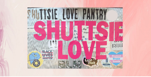 The image of a food pantry fridge covered in stickers with the words "Shuttsie Love" in pink
