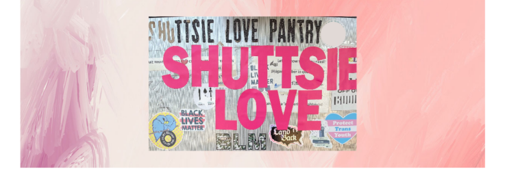 The image of a food pantry fridge covered in stickers with the words "Shuttsie Love" in pink