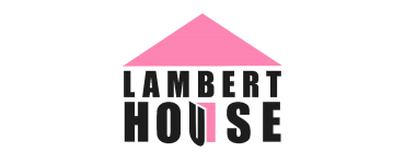 The logo for Lambert House: a pink triangle that looks like a roof on top of black words that say "Lambert House" with the "U" open like a door.