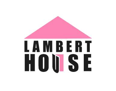 The logo for Lambert House: a pink triangle that looks like a roof on top of black words that say "Lambert House" with the "U" open like a door.