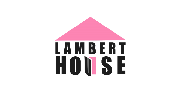 The logo for Lambert House: a pink triangle that looks like a roof on top of black words that say "Lambert House" with the "U" open like a door.