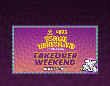 The words "Beyond Wonderland at the Gorge, Take Over Weekend, May 5th-8th" on a purple background