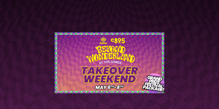 The words "Beyond Wonderland at the Gorge, Take Over Weekend, May 5th-8th" on a purple background