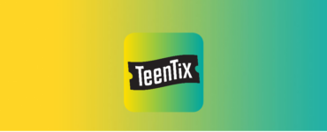 A yellow to green gradient with the words "TeenTix" over the outline of a ticket.