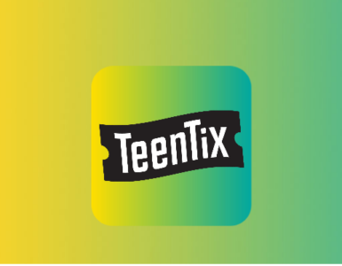 A yellow to green gradient with the words "TeenTix" over the outline of a ticket.