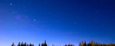 View of the night sky at sunset. The sky is becoming dark blue, and the sun is still illuminating the greenery on the ground. The sky is filled with stars, and gets deeper blue as the altitude increases.