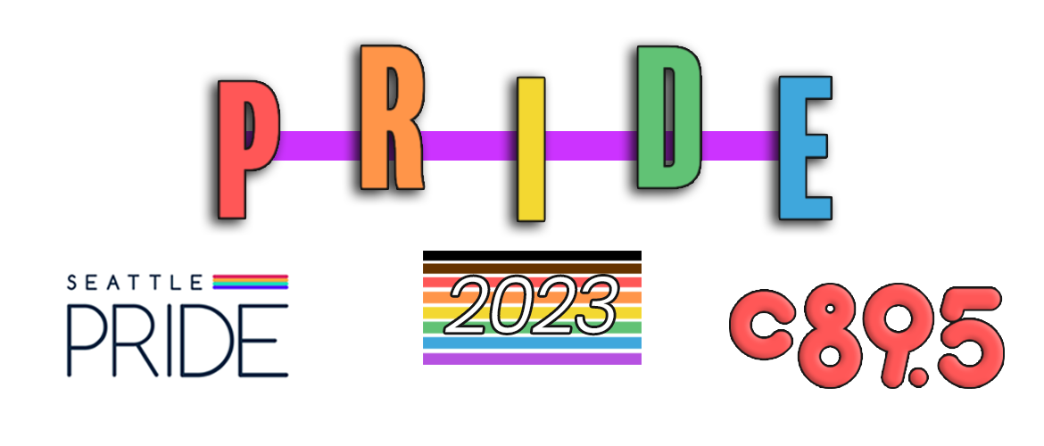 The word "PRIDE" in rainbow colors above the logos for SEATTLE PRIDE and C895